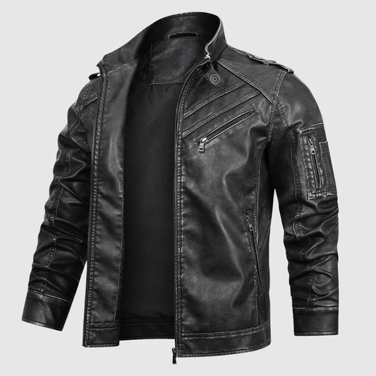 Samuel Regular Fit Biker Jacket | Stand-Up Collar Zippered Pockets Biker Jacket