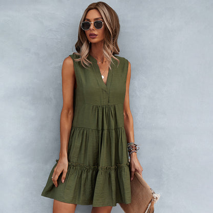 Women's Dress - Sleeveless A-line - V-neck - Light and Airy - Casual Mini