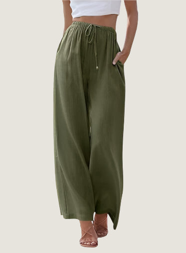 Women's Trousers – Wide Fit – Linen Blend – Drawstring Closure – With Side Pockets