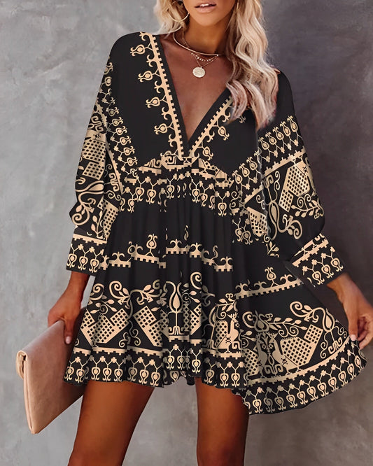 Women's Mini Dress - V-neck - Long Sleeves - Bohemian Patterned - Light and Feminine