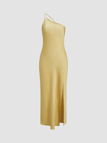 Women's Long Dress - Silk - One-Shoulder - High Slit - Elegant Party Look