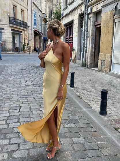 Women's Long Dress - Silk - One-Shoulder - High Slit - Elegant Party Look