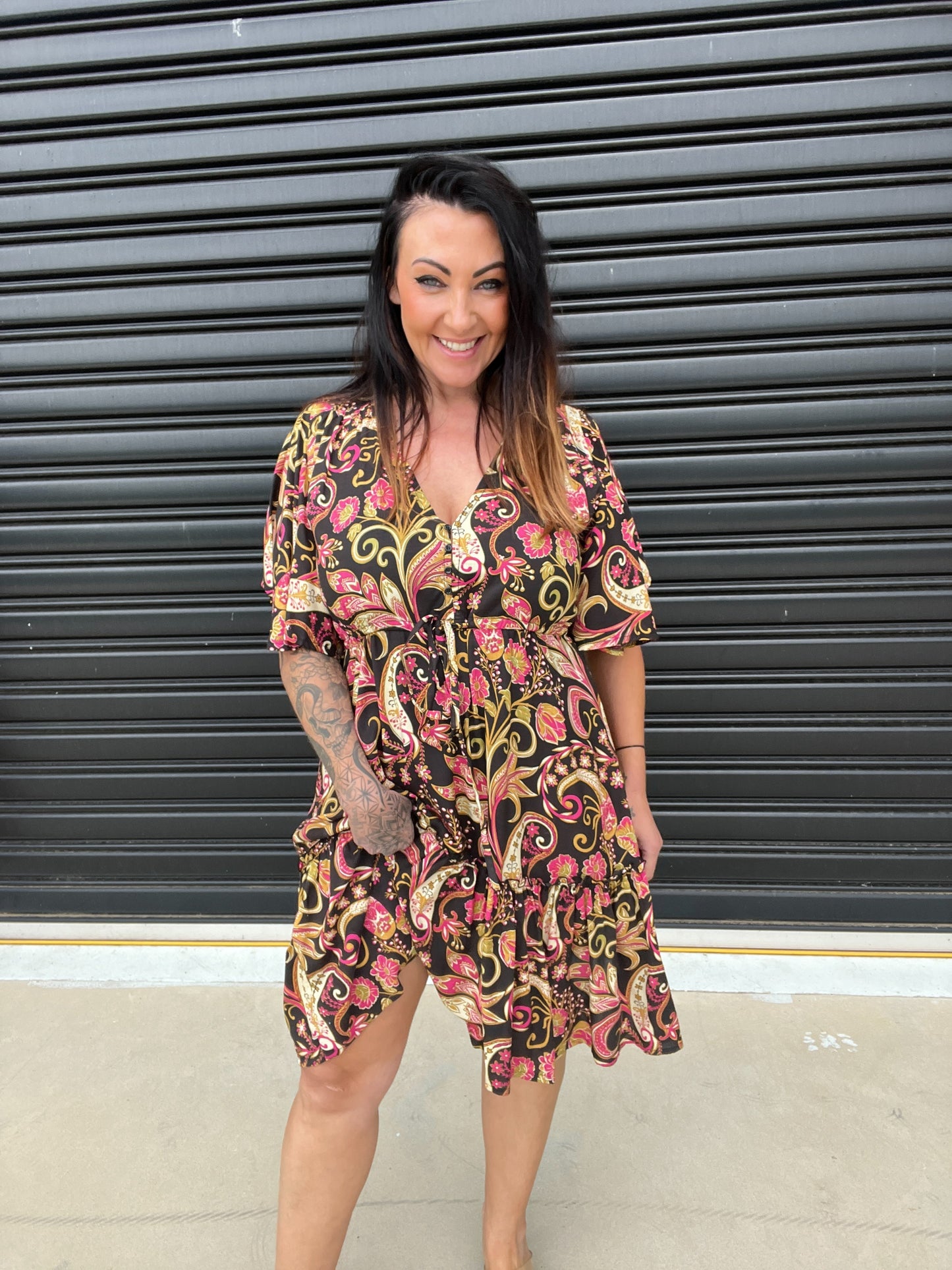 Women's Mini Dress - A-line Fit - V-neck with Decorative Details - Short Ruffle Sleeves