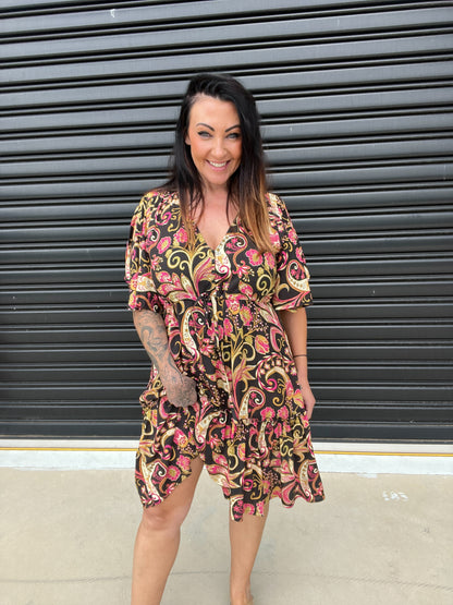 Women's Mini Dress - A-line Fit - V-neck with Decorative Details - Short Ruffle Sleeves