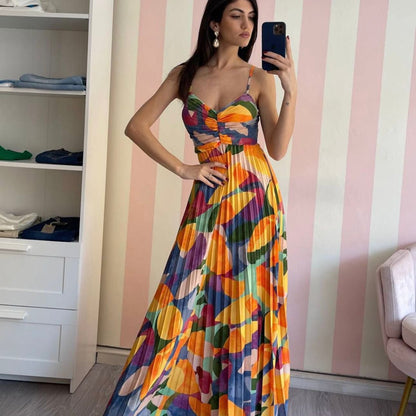 Women's Maxi Dress - Sleeveless with Spaghetti Straps - Pleated Skirt - Elegant Fit