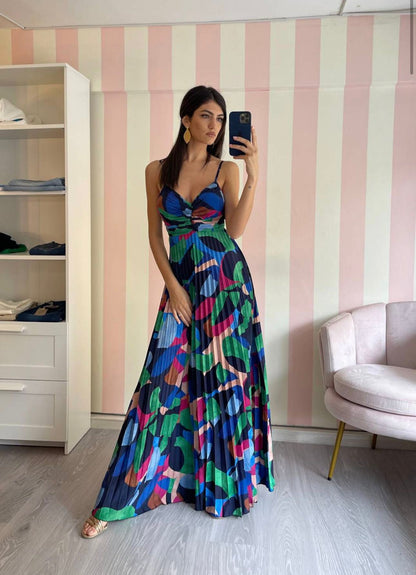 Women's Maxi Dress - Sleeveless with Spaghetti Straps - Pleated Skirt - Elegant Fit