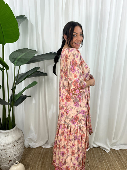 Dress for Women - Loose Fit - V-neck - Elbow-length Sleeves - Asymmetric Hem - Animal Print