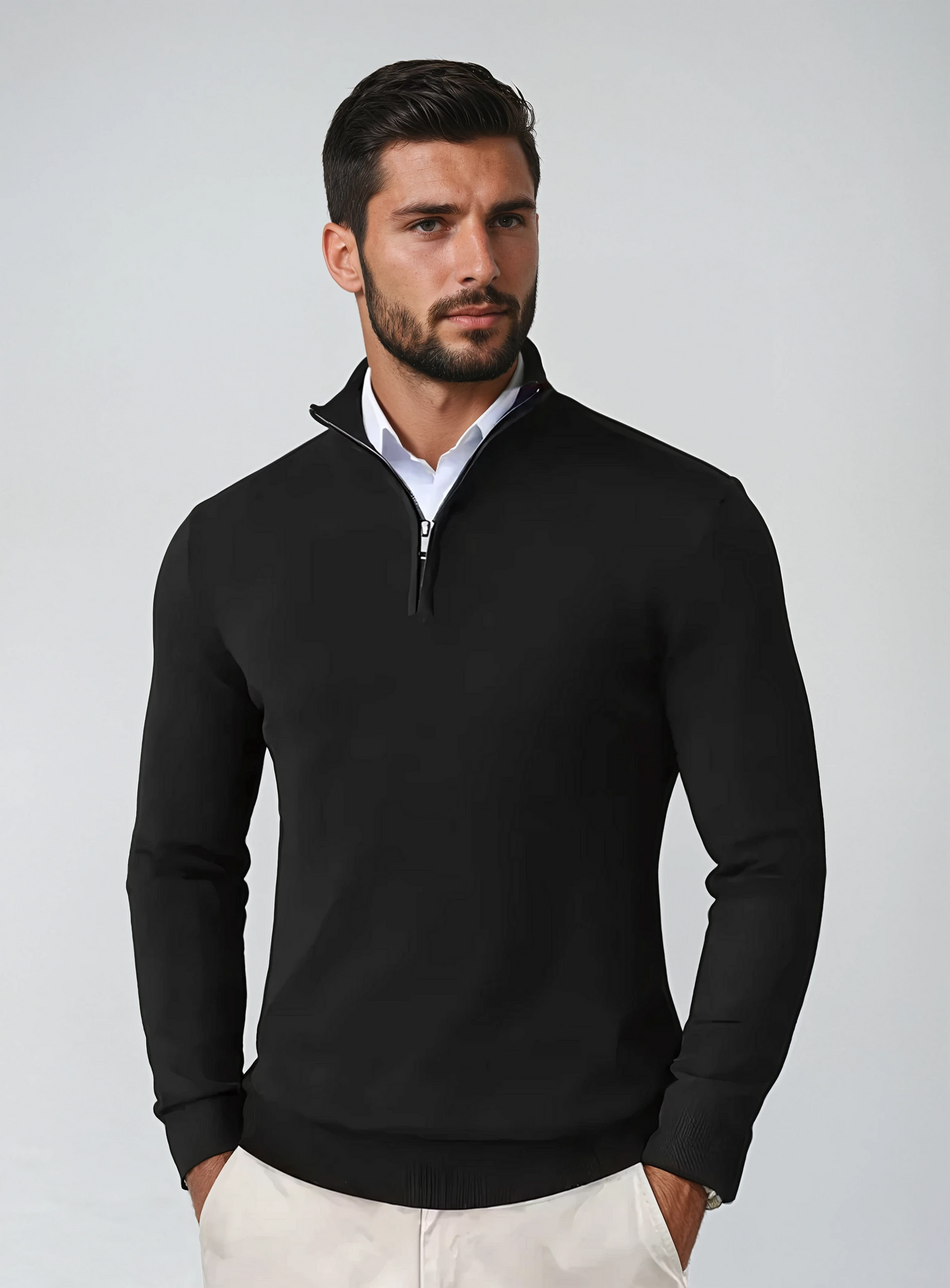 Men's Sweater – Regular Fit – Soft Knit – Zip Collar – Ribbed Edges