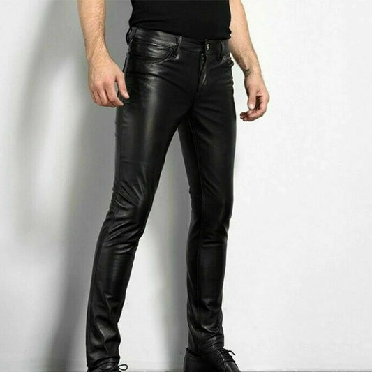 Men's Slim Fit Trousers – Imitation Leather – Five-Pocket Design – Full Length – Belt Loops