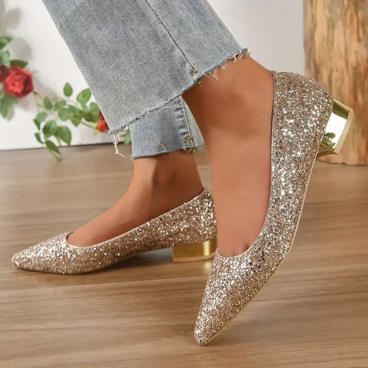 Sienna Pointed Toe Block Heel Flats | Glitter Finish Party Flats