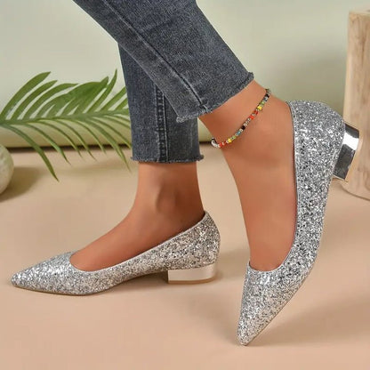 Sienna Pointed Toe Block Heel Flats | Glitter Finish Party Flats
