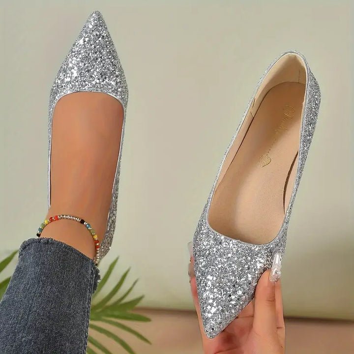 Sienna Pointed Toe Block Heel Flats | Glitter Finish Party Flats