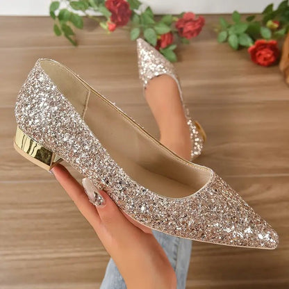 Sienna Pointed Toe Block Heel Flats | Glitter Finish Party Flats