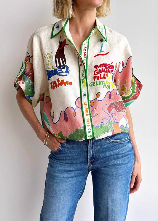 Women's Shirt – Relaxed Fit – Graphic Print – Short Sleeve – Peter Pan Collar