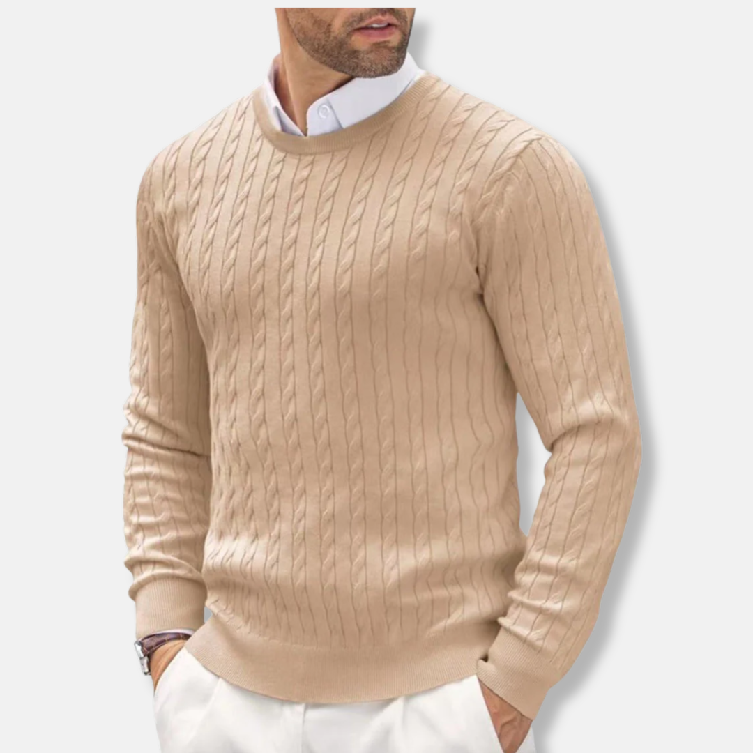 Men's Knit Sweater – Slim Fit – Fine Knit – Round Neck – Cable Knit Details