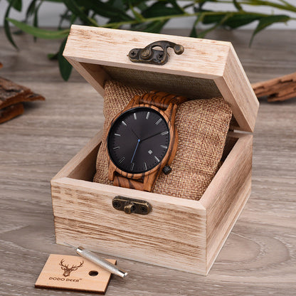Sebastian Wooden Quartz Wristwatch | Minimalist Dial Date Window Wristwatch