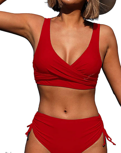 Women's Bikini Set – Wrap Top with Wide Straps – High-Waisted Adjustable Bottom