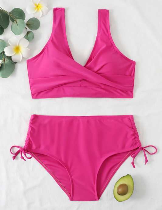 Women's Bikini Set – Wrap Top with Wide Straps – High-Waisted Adjustable Bottom