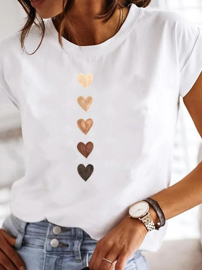 Women's T-shirt – Relaxed Fit – Soft Knit – Round Neck – Heart Print Casual Style