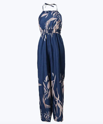 Women's Jumpsuit - Halterneck - Sleeveless - Elastic Waist - Wide Legs - Floral