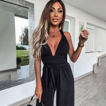 Dame Jumpsuit - Ærmeløs - V-udskæring - Bred Ben - Taljebånd - Elegant og Luftig