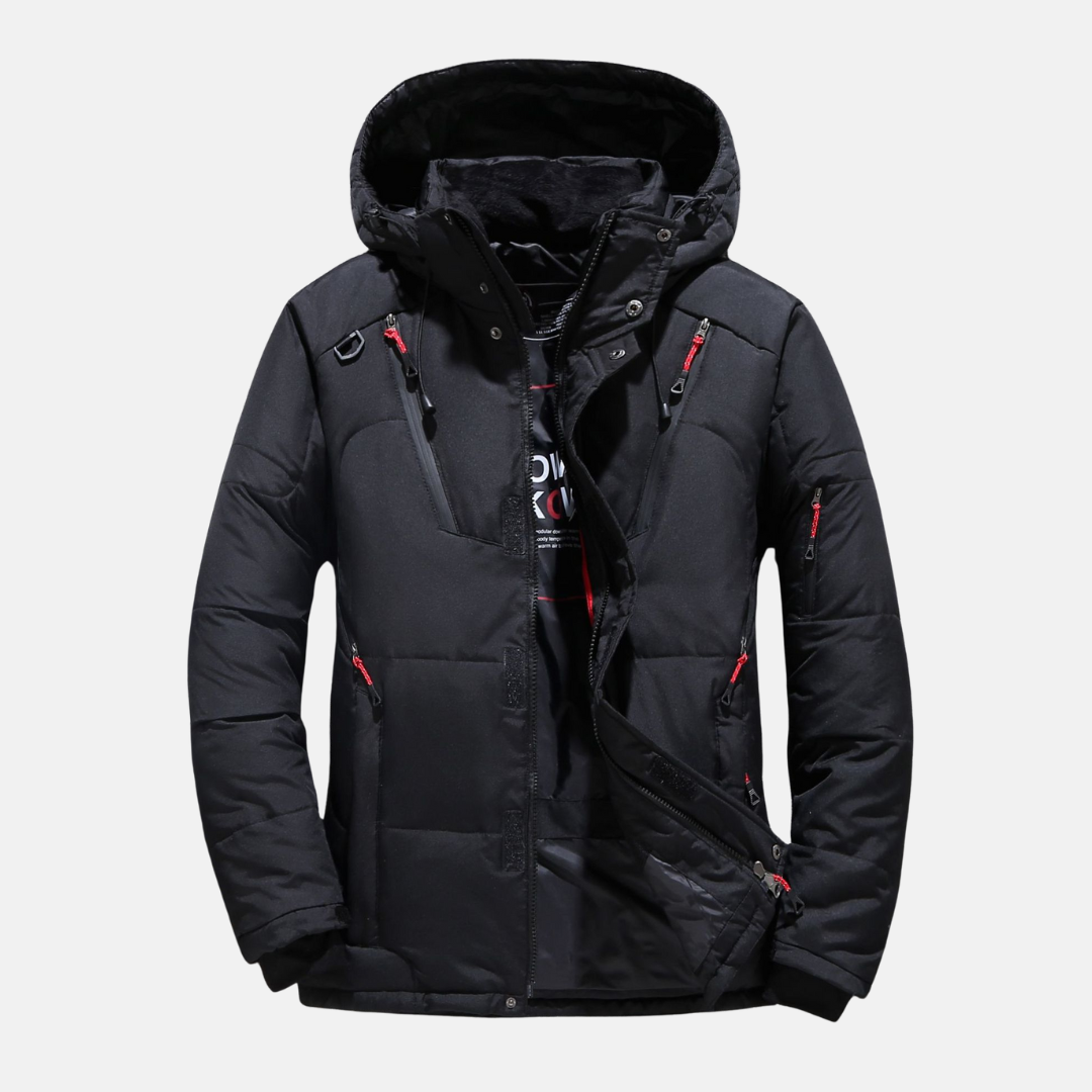 Men’s Down Jacket - Puffer Insulated - Hooded with Multiple Zippered Pockets - Relaxed Fit