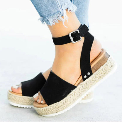 Dame Espadrille Sandaler - Platform Hæl - Jutereb Detaljer - Justerbar Ankelrem