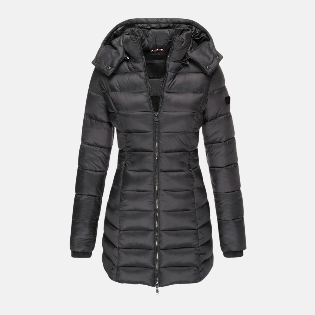 Women’s Puffer Coat - Slim Fit - Mid-Length - Hooded - Ribbed Cuffs