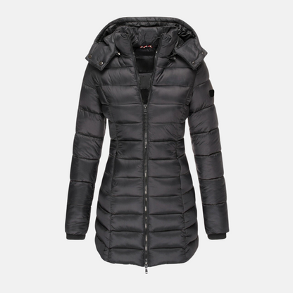Women’s Puffer Coat - Slim Fit - Mid-Length - Hooded - Ribbed Cuffs