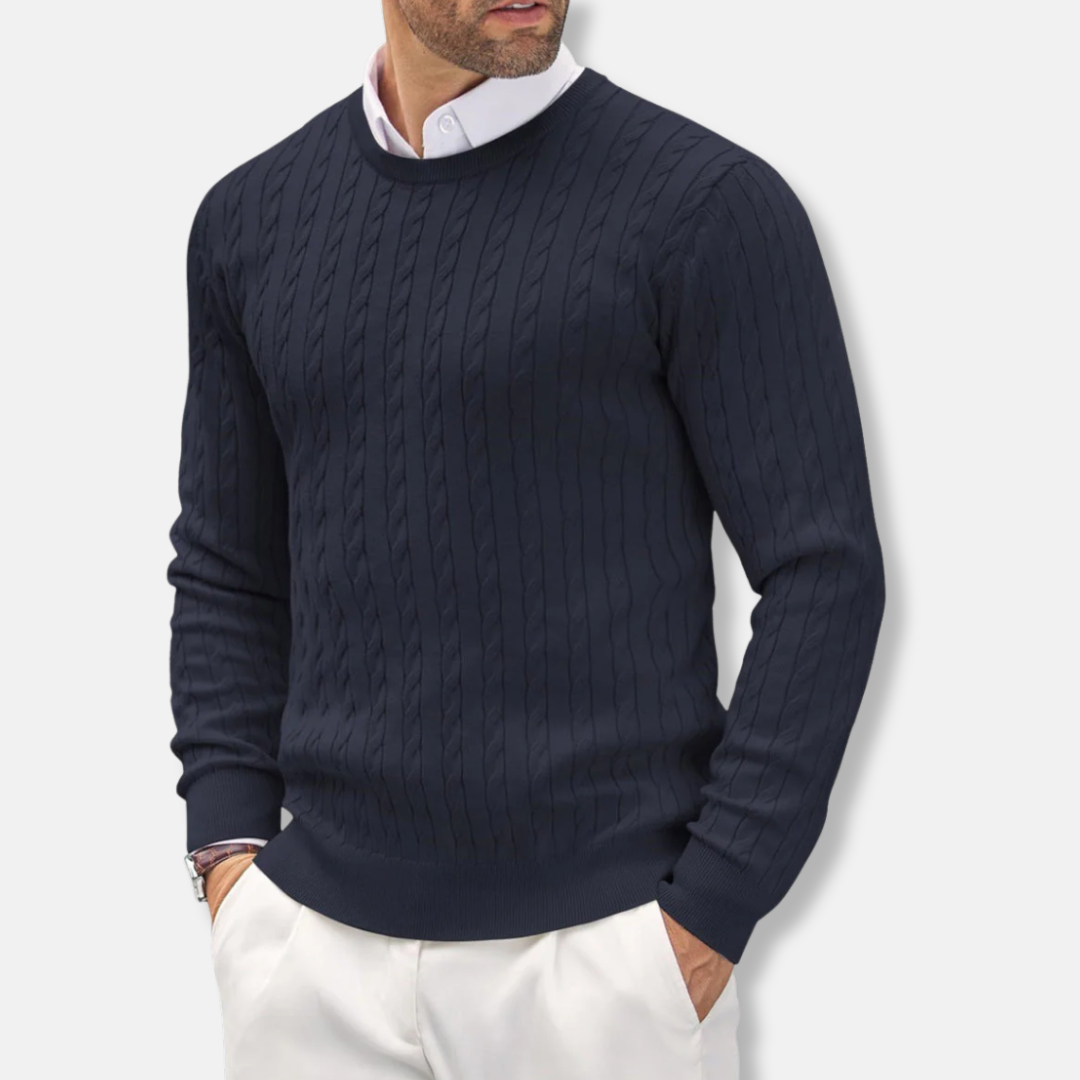 Men's Knit Sweater – Slim Fit – Fine Knit – Round Neck – Cable Knit Details