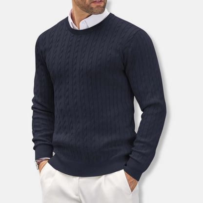 Men's Knit Sweater – Slim Fit – Fine Knit – Round Neck – Cable Knit Details