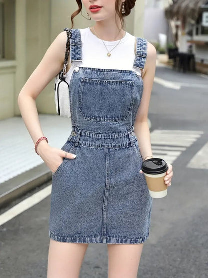 Dame Overall Kjole - Denim - Ærmeløs Justerbare Stropper - Casual Trendy Look