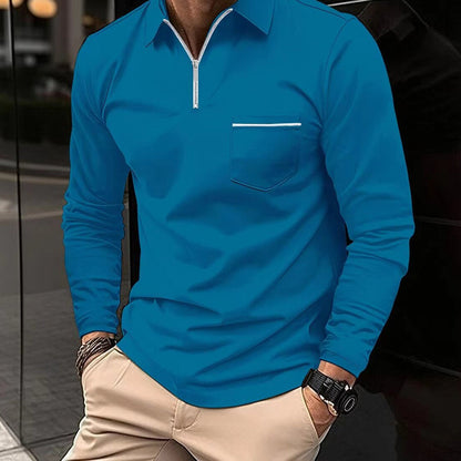 Herre Poloshirt - Langærmet - Halv Lynlås - Brystlomme - Klassisk Krave