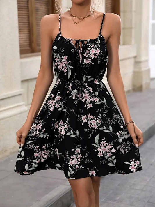 Women's Summer Dress - Floral Print - A-Line Fit - Spaghetti Straps - Light and Airy