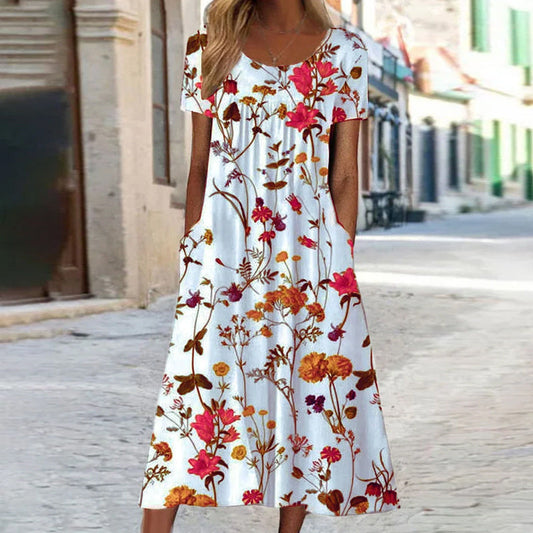 Dress for Women – A-line Fit – Breathable Fabric – Floral Print – Short Sleeves – With Pockets