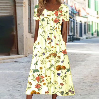Dress for Women – A-line Fit – Breathable Fabric – Floral Print – Short Sleeves – With Pockets