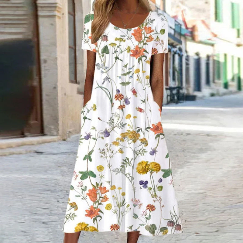 Dress for Women – A-line Fit – Breathable Fabric – Floral Print – Short Sleeves – With Pockets