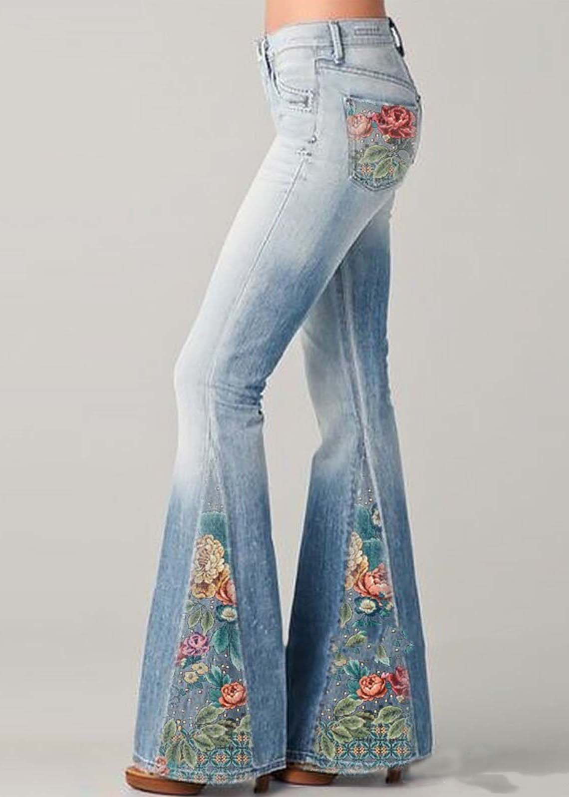 Women's Flared Jeans – High Waist – Patchwork Embroidery – Bohemian Style – Full Length