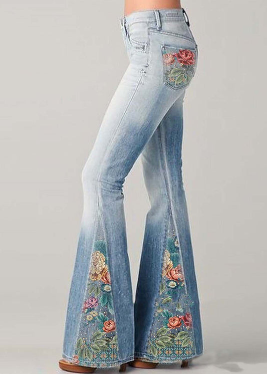 Women's Flared Jeans – High Waist – Patchwork Embroidery – Bohemian Style – Full Length