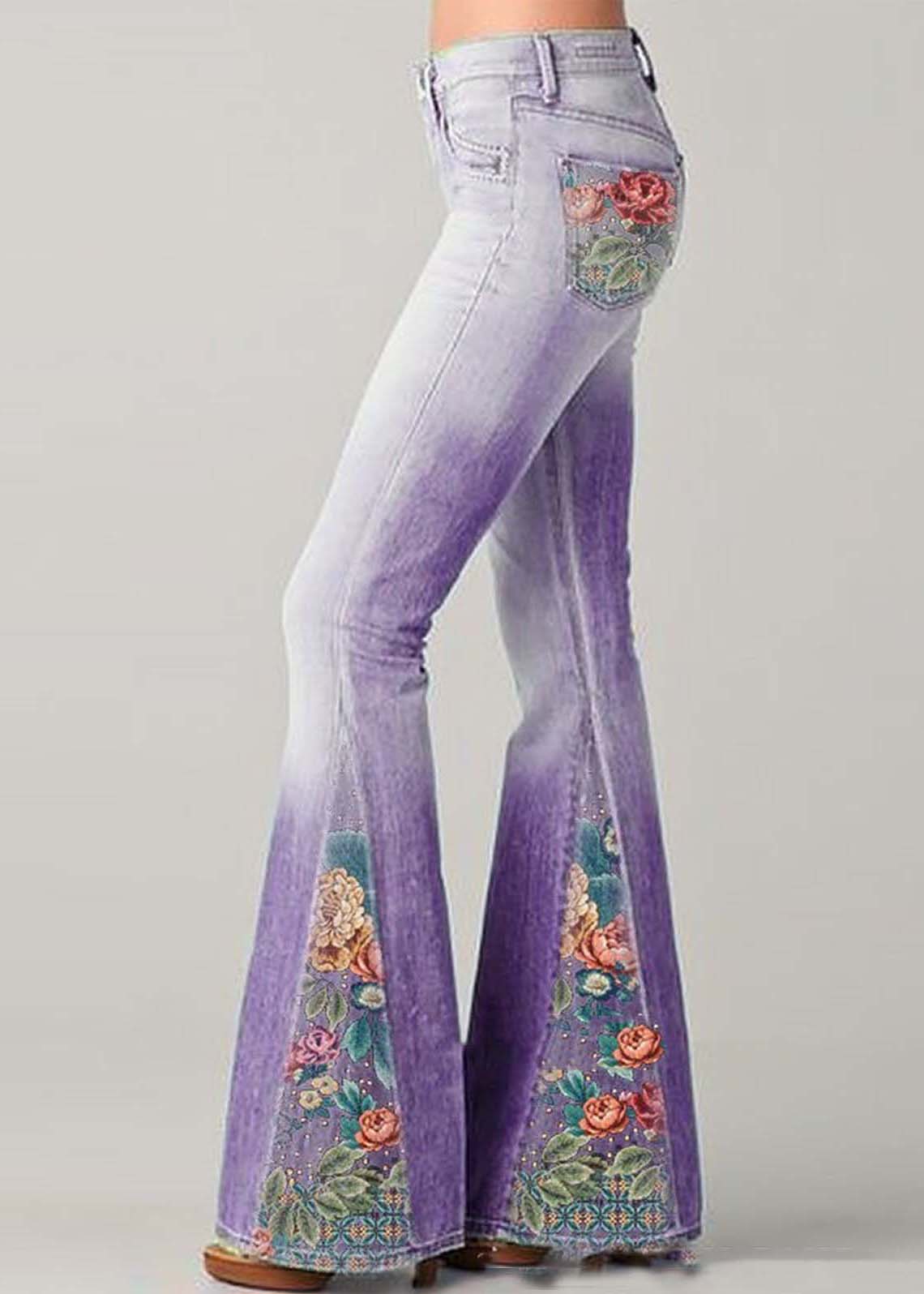 Women's Flared Jeans – High Waist – Patchwork Embroidery – Bohemian Style – Full Length
