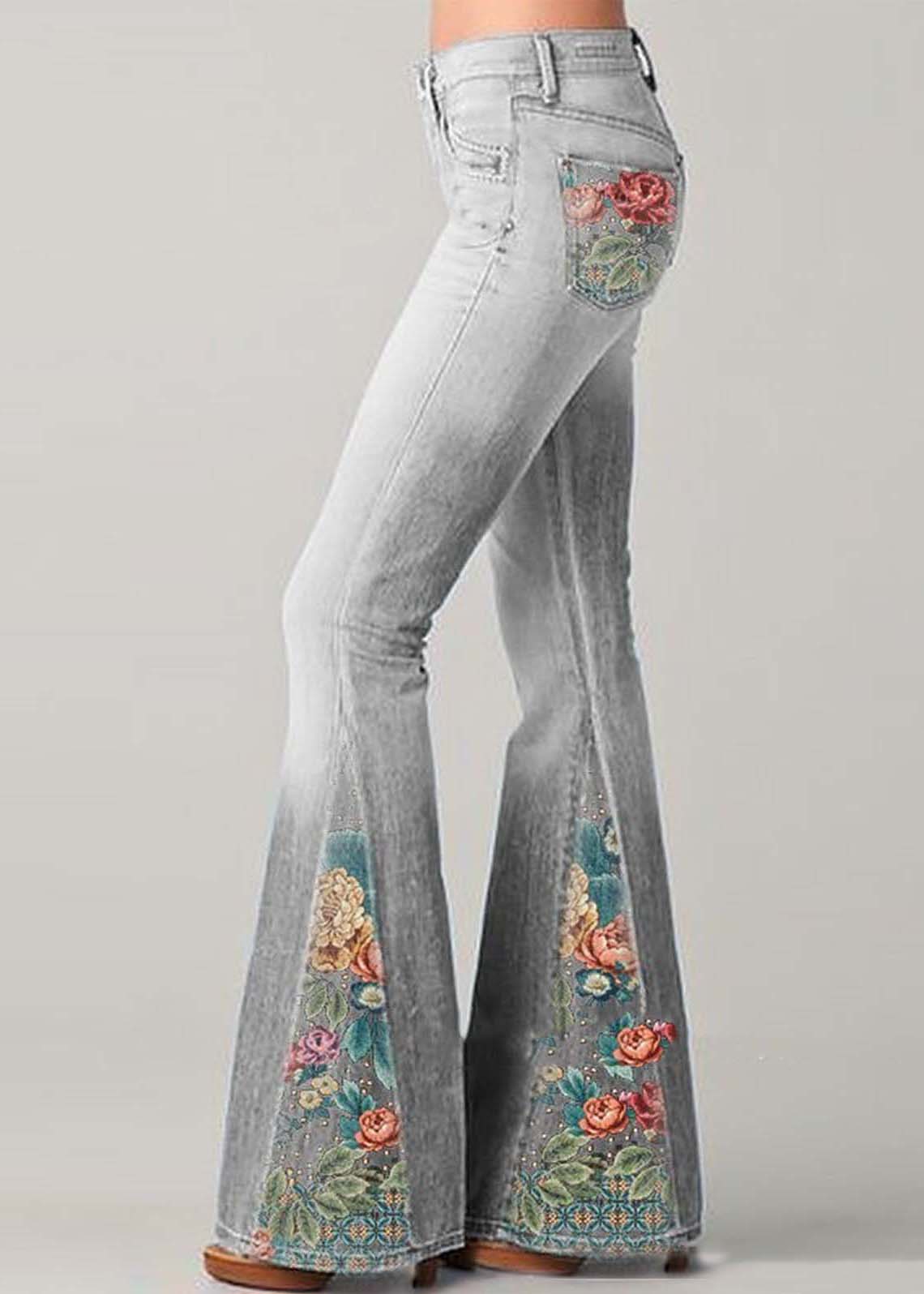 Women's Flared Jeans – High Waist – Patchwork Embroidery – Bohemian Style – Full Length