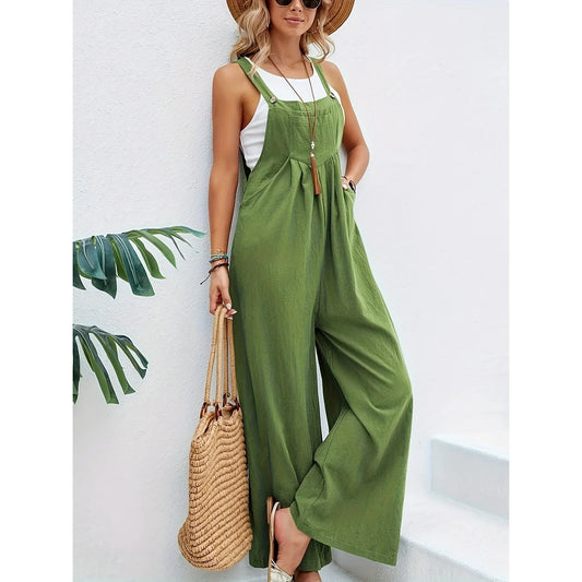 Women's Jumpsuit - Cotton Linen - Wide Legs - Adjustable Straps - Relaxed Fit