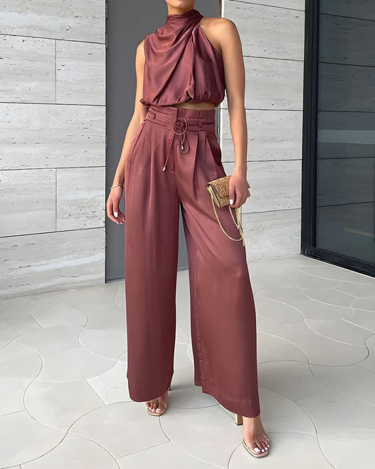 Dame To-delt Jumpsuit - Højhalset Satin Haltertop - Højtaljede Vide Bukser