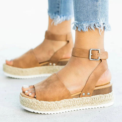 Dame Espadrille Sandaler - Platform Hæl - Jutereb Detaljer - Justerbar Ankelrem