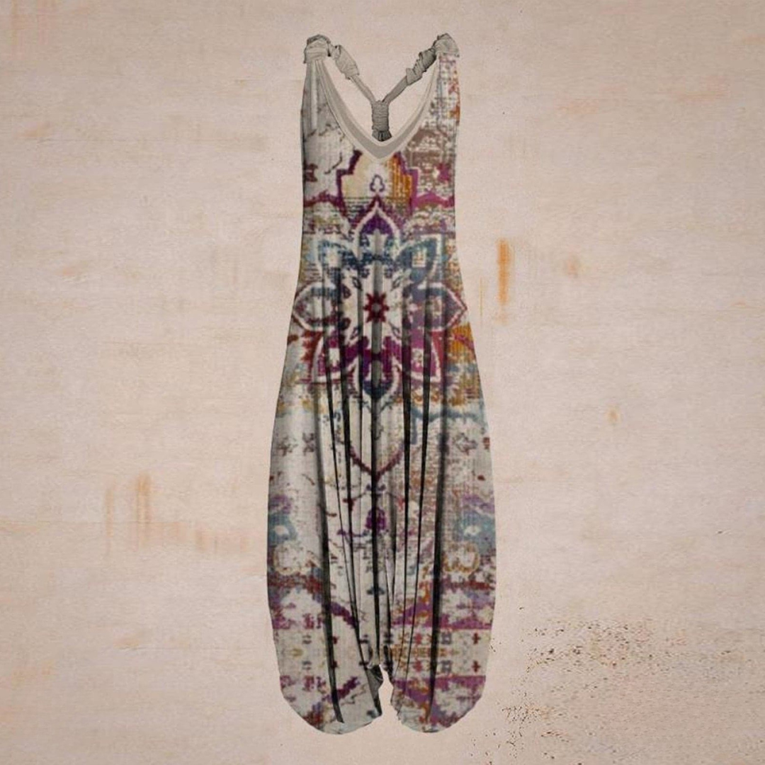 Women's Jumpsuit – Loose-Fitting Harem Style – Sleeveless V-Neck – Bohemian Casual Look