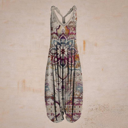Women's Jumpsuit – Loose-Fitting Harem Style – Sleeveless V-Neck – Bohemian Casual Look