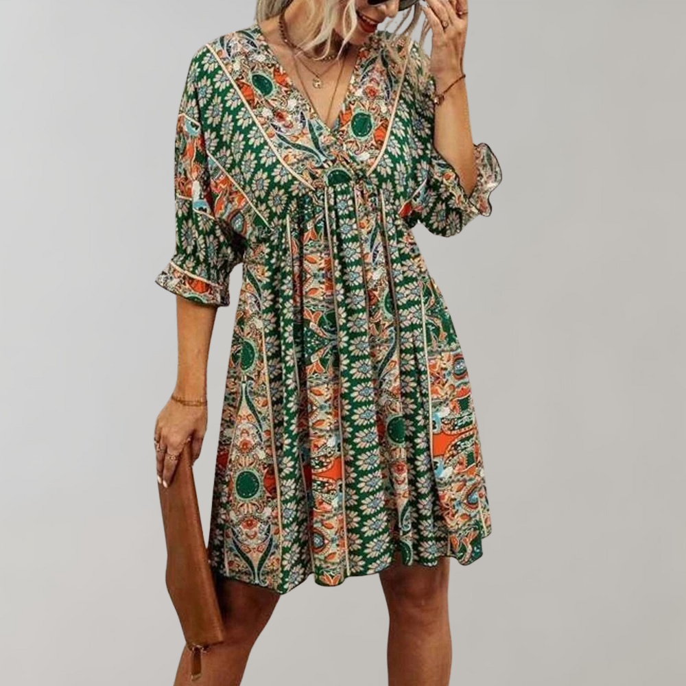 Women's Dress - Bohemian Pattern - V-neck - A-line Fit - 3/4 Sleeves with Ruffle Details