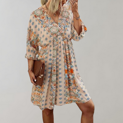Women's Dress - Bohemian Pattern - V-neck - A-line Fit - 3/4 Sleeves with Ruffle Details