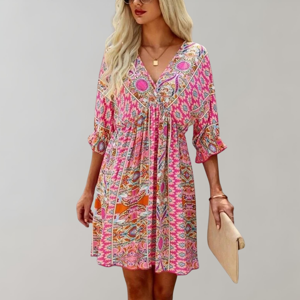 Women's Dress - Bohemian Pattern - V-neck - A-line Fit - 3/4 Sleeves with Ruffle Details
