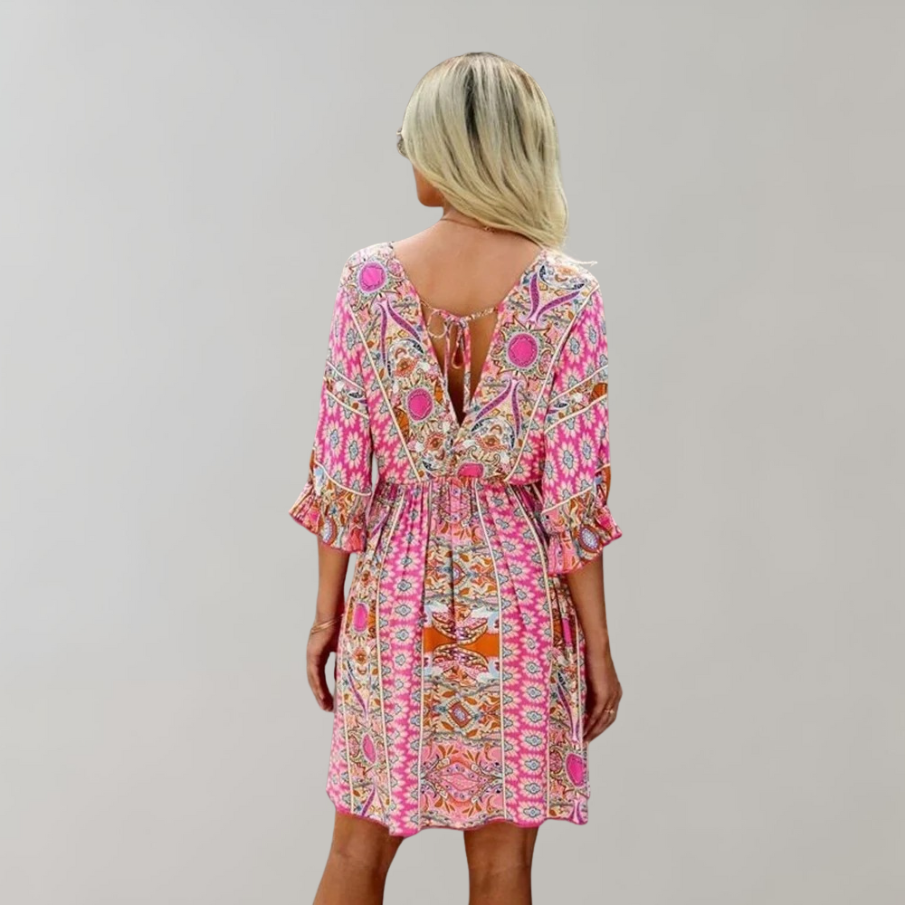 Women's Dress - Bohemian Pattern - V-neck - A-line Fit - 3/4 Sleeves with Ruffle Details